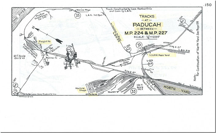 The L&N got into Paducah via merger with the Nashville, Chattanooga & St. Louis around 1957. A connection with the Burlington was important to the NC&StL, but not to CSX. It’s gone now except what PAL operates in Paducah. KWT operates some of this line out of Bruceton TN. Paducah rail yard layout. Between MP 224 & 227. Page 150.